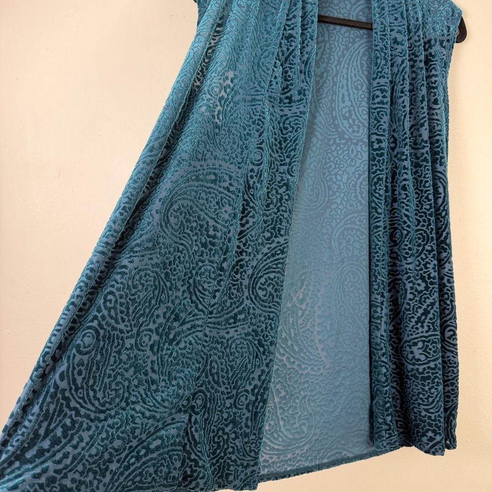 Susan Graver Cardigan Vest Women's Small Green Paisley Velvet Burnout Open Front - Picture 7 of 12